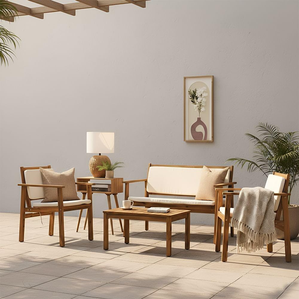 Rozana Sofa Set | 4-Seater Outdoor Sofa | Wooden Frame Garden Furniture | Modern Design Lounge Sofa Set | Outdoor Seating Table And Chairs For Patio Lawn Garden-Natural Wood