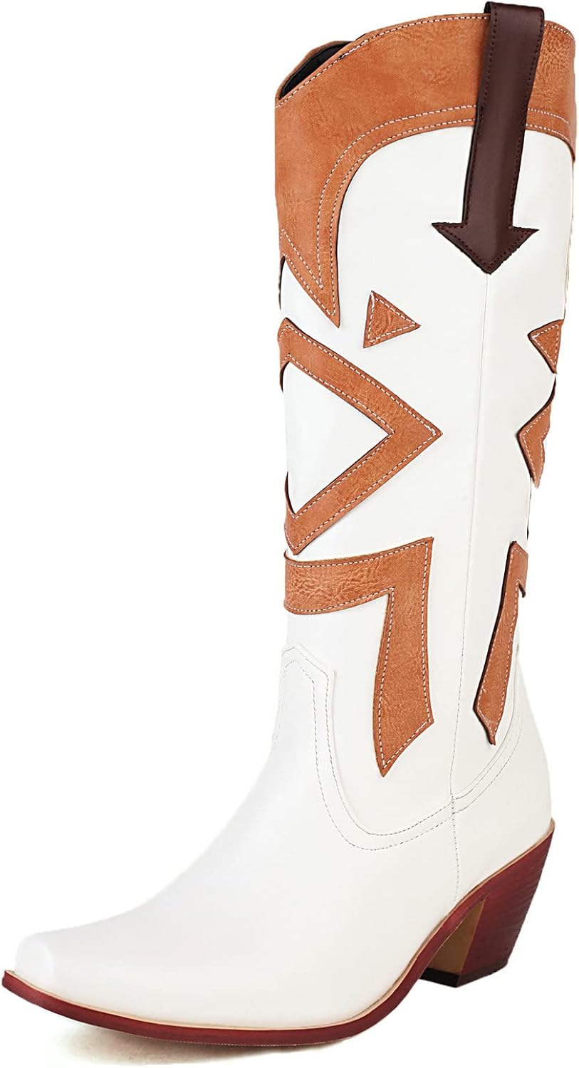 KiutSymo Vintage Print Cowgirl Boots For Women Snip Toe Chunky Heel Mid Calf Boots Classic Western Cowboy Boots