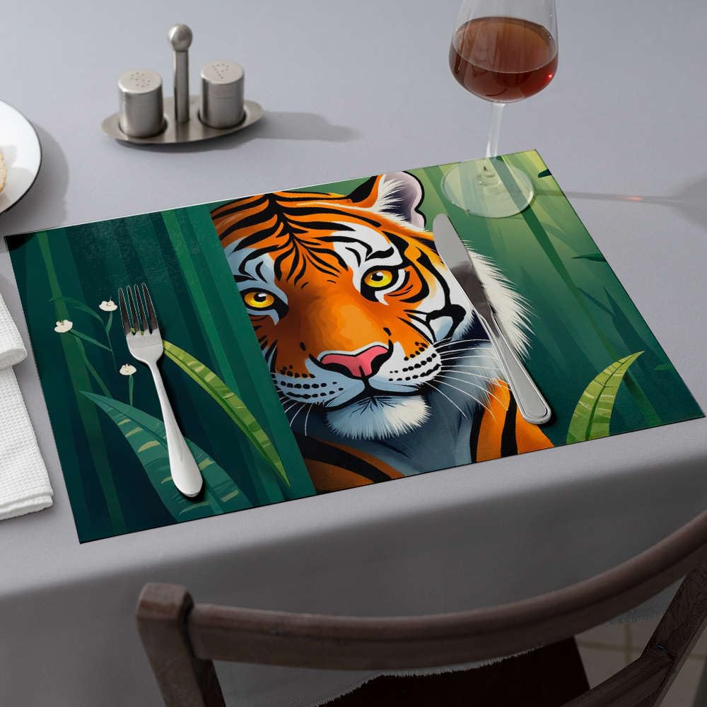 Lot de 6 sets de table lavables tigre jungle en tissu rectangulaire pour salle à manger