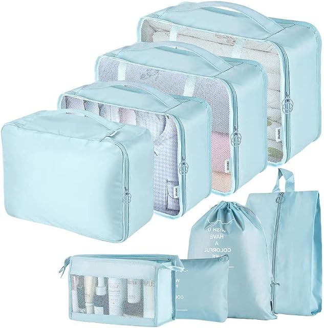 Travel Packing Cubes, Toifucos Multifunction 8pcs/set Travel Cubes Luggage Organiser Waterproof Travel Compression Suitcase Bag Travel Essential Bag, Blue