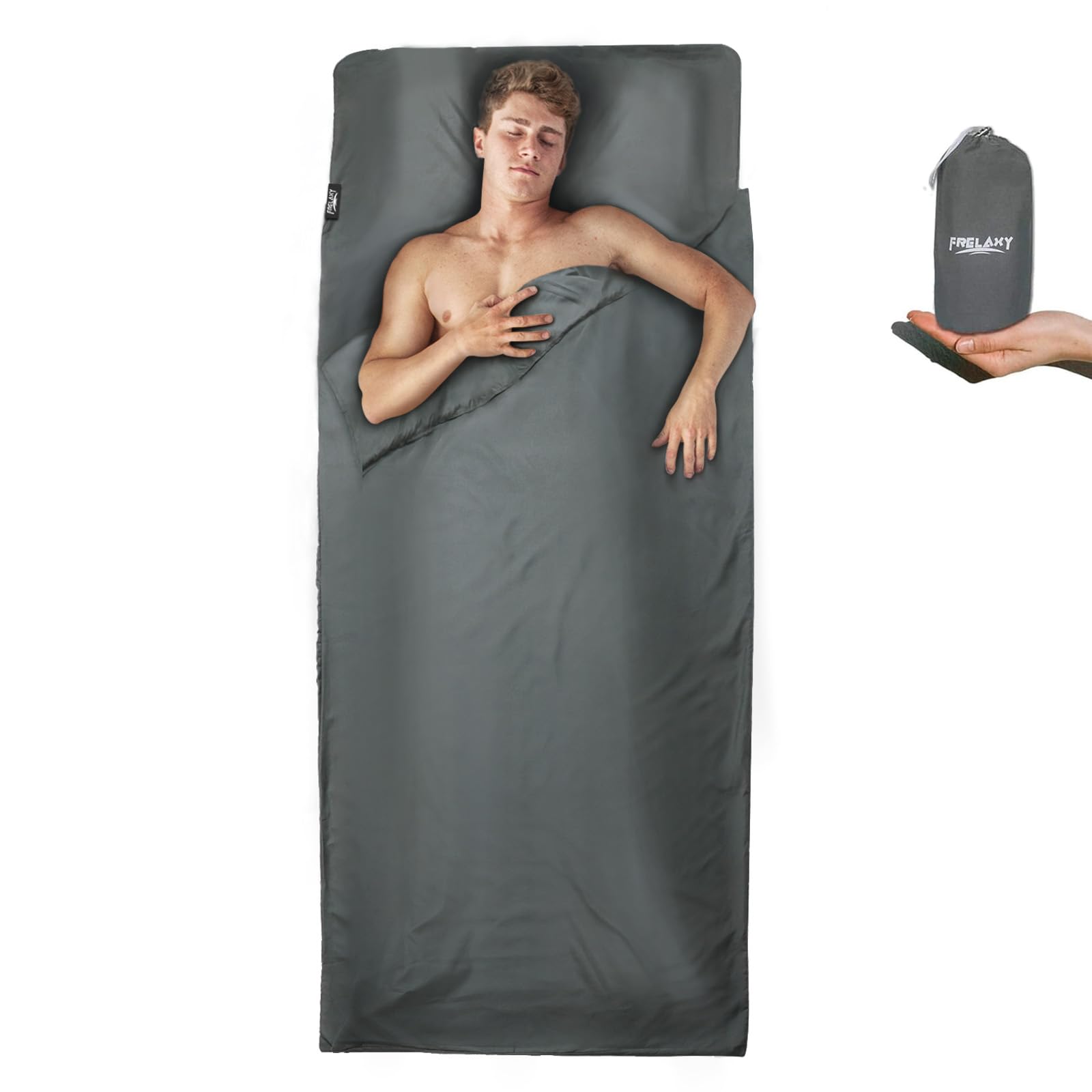 Frelaxy Sleeping Bag Liner, Warm Weather Ultralight Sleeping Bag, Comfy & Easy Care Travel & Camping Sheet with Pillow Pocket, 4 Seasons Warm Cold Weather, Adults & Kids (Dark Gray - No Zipper)