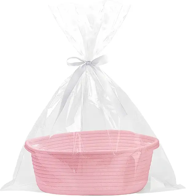 Pink Braided Gift Basket with Bag & Ribbons - Storage Organizer for Baby, Wedding, Christmas