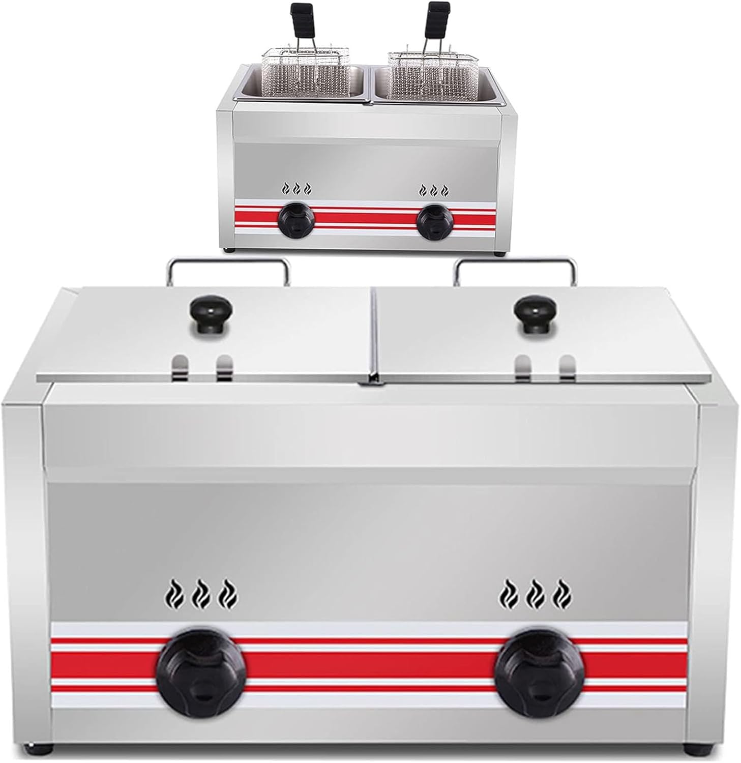 Commercial Dual Tank Deep Fryer, Large Capacity Multi-Function Gas Fryer with Basket, Stainless Steel Kitchen Fat Fryer, for Chips French Fries, for Restaurant Home,10L