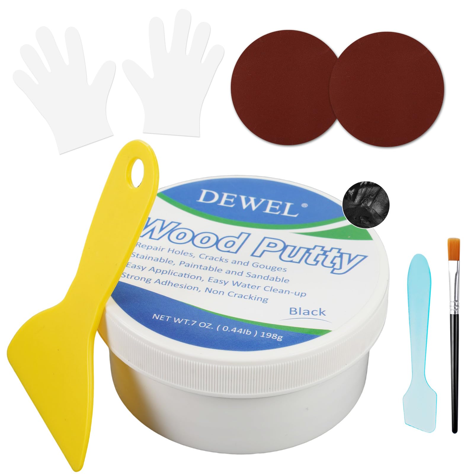 DEWEL Holzkitt Reparaturset - Holzkitt Schwarz 200g Reparaturspachtel Wasserbasis - Löchern und Rissen