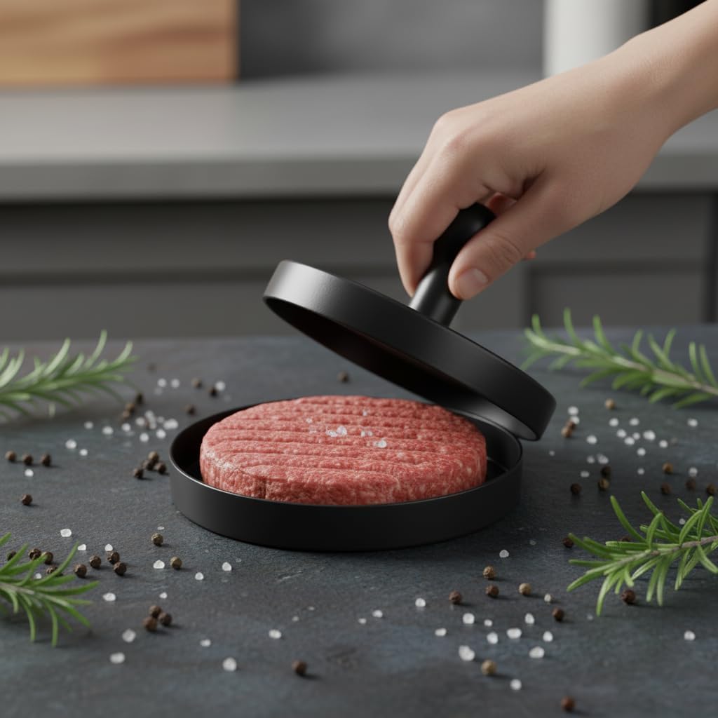 Deconox Yapışmaz Büyük Boy Hamburger Köfte Kalıbı - Paslanmaz Çelik Karbon Kaplama Premium Burger Presi | Mükemmel Şekilli Köfte Makinesi