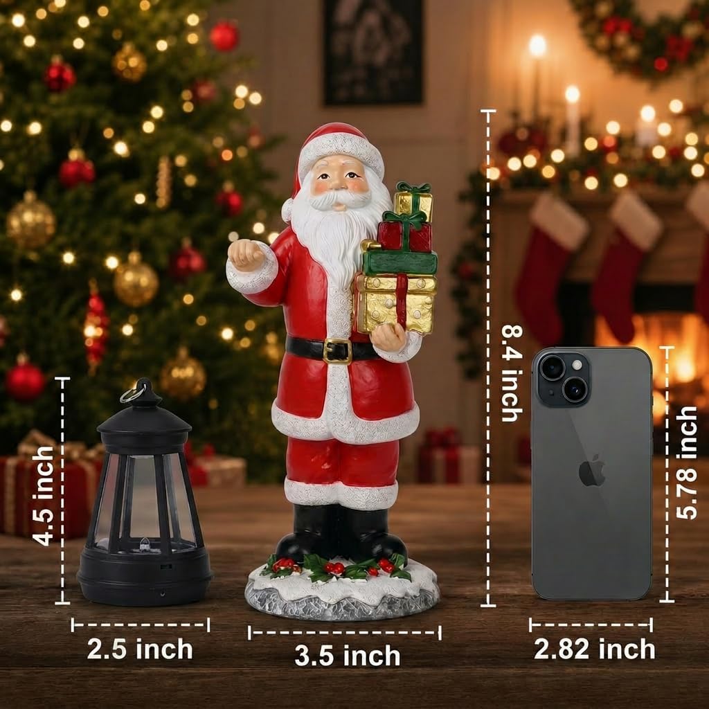 Christmas Santa Claus 8.4 Inch Hand-Painted Resin Figurine with LED Lantern, Battery Operated,Perfect for Mantel and Tabletop Decor