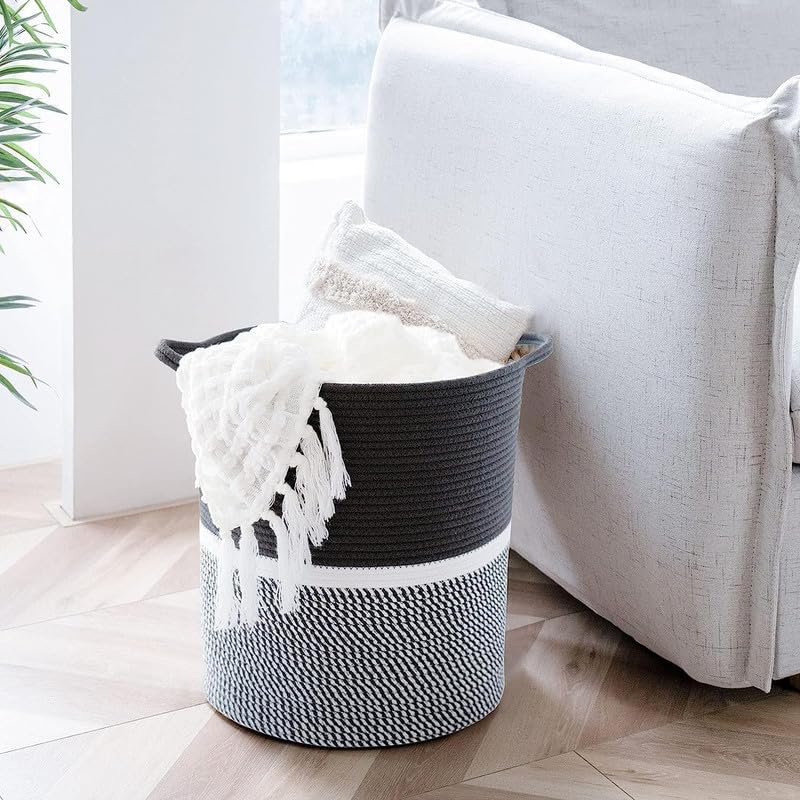 Image of Large Basket Natural Cotton Rope Storage Basket and Hamper for Cloths and Multi Usage in Living Room, Bedroom, Laundry Room (Size - 15 inch x 15 inch x 18 inch) (Black Mix)