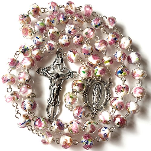 elegantmedical Handmade ROSE PINK Veluriyam BEADS GUADALUPE ROSARY & ITALY CROSS Catholic necklace