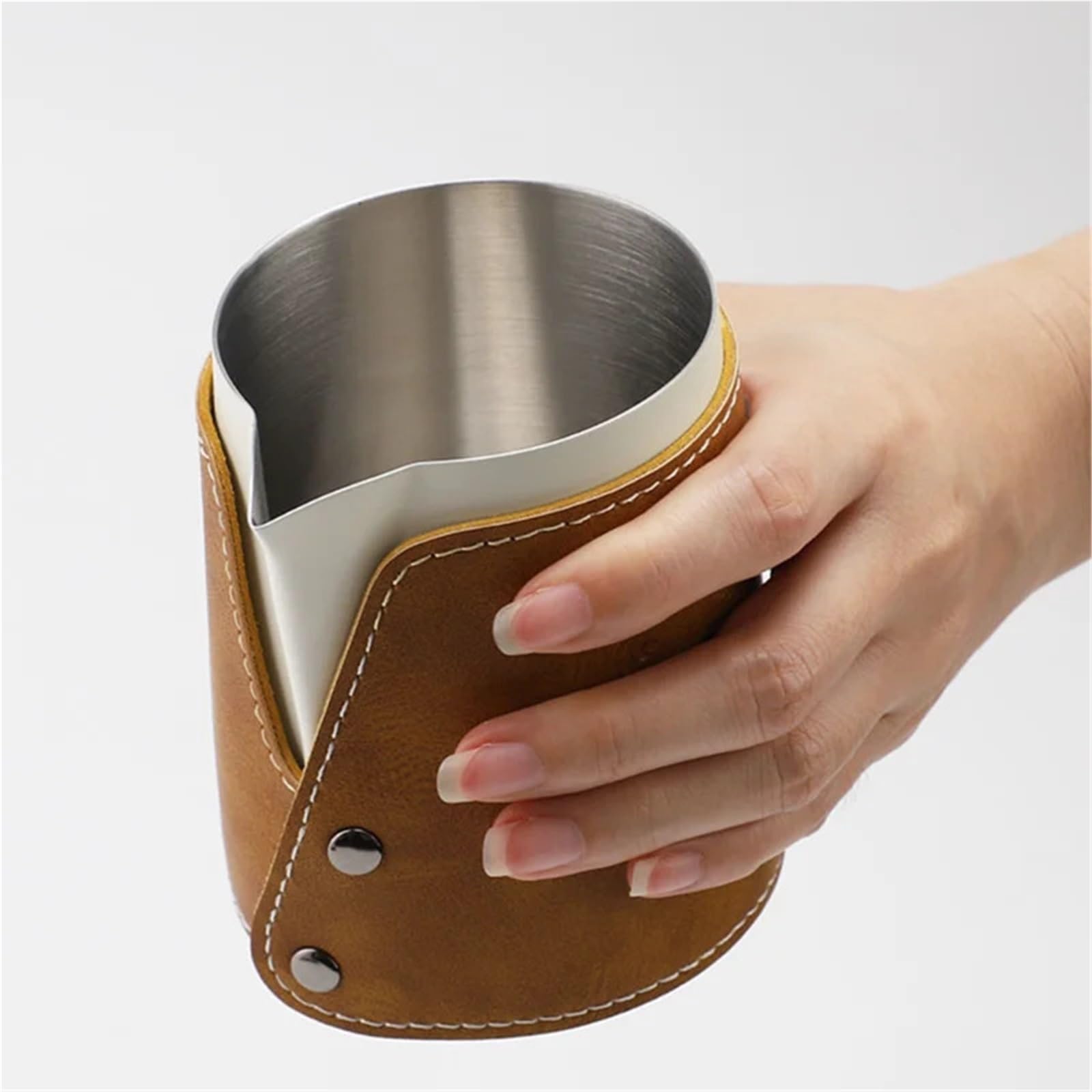 Taza de café Latte acero inoxidable, Funda cuero con boca puntiaguda, taza espuma leche gruesa, herramientas Barista, tanque flores, 2 uds Para Espumar(White-450ml)