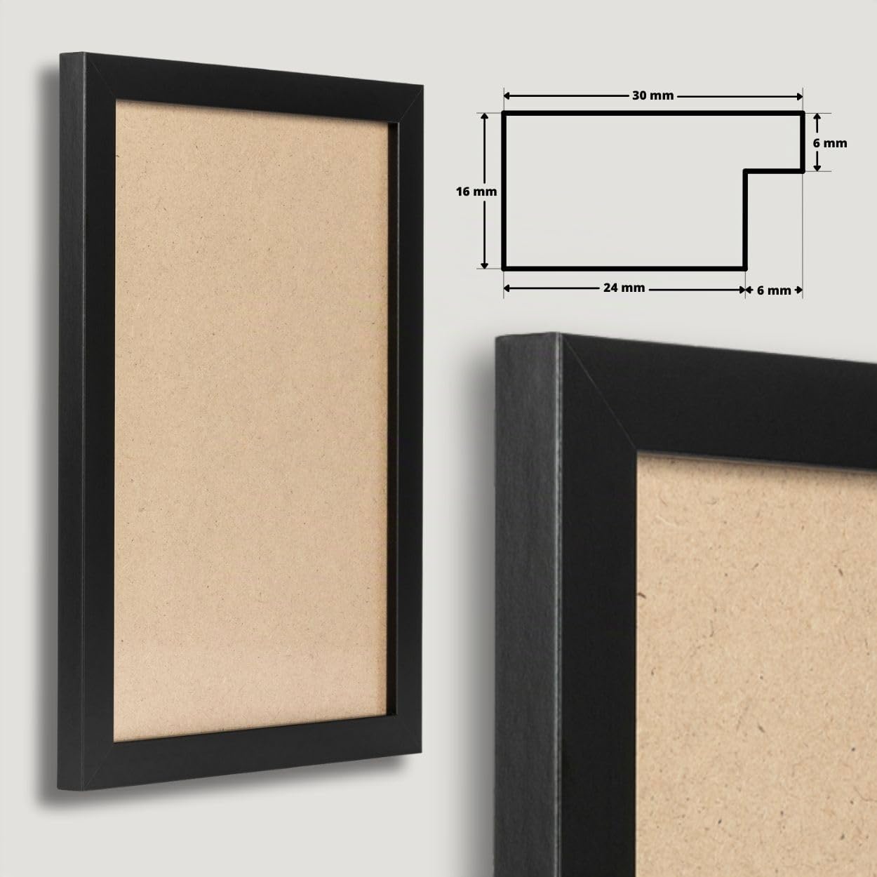 N°2 Bilderrahmen 85x120 cm Bildmaß, Schwarz Matt, MDF Holz | eckige Profilleiste 30 mm foliert, Kunstglas glasklar & bruchsicher, HDF-Rückwand, Metall-Zackenaufhänger, handgefertigt