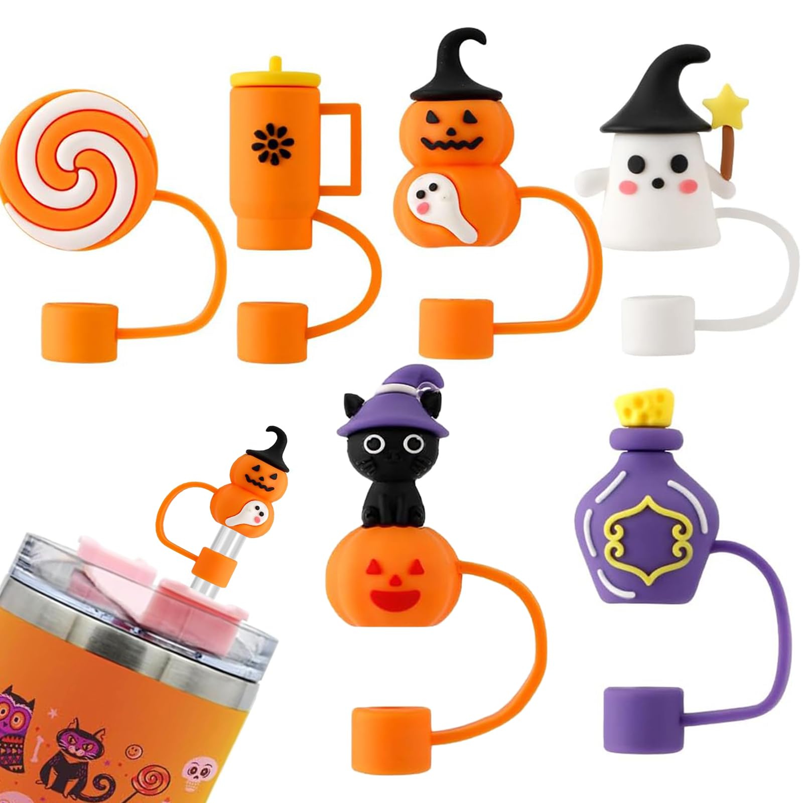Censuob 8 Pcs Halloween Straw Covers Cap for Stanley Cup 10 mm 0.4in Dustproof Straw Toppers for Stanley Accessories Reusable Silicone Straws Tips for Halloween Gifts