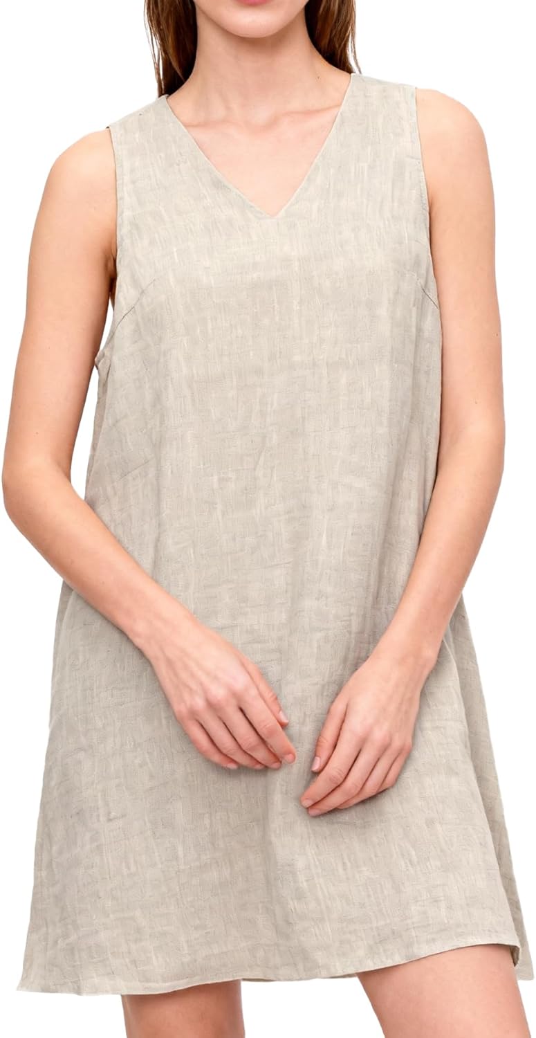 Amazhiyu Womens 100% Linen Summer V Neck Sleeveless Back Keyhole Mini Tank Dress