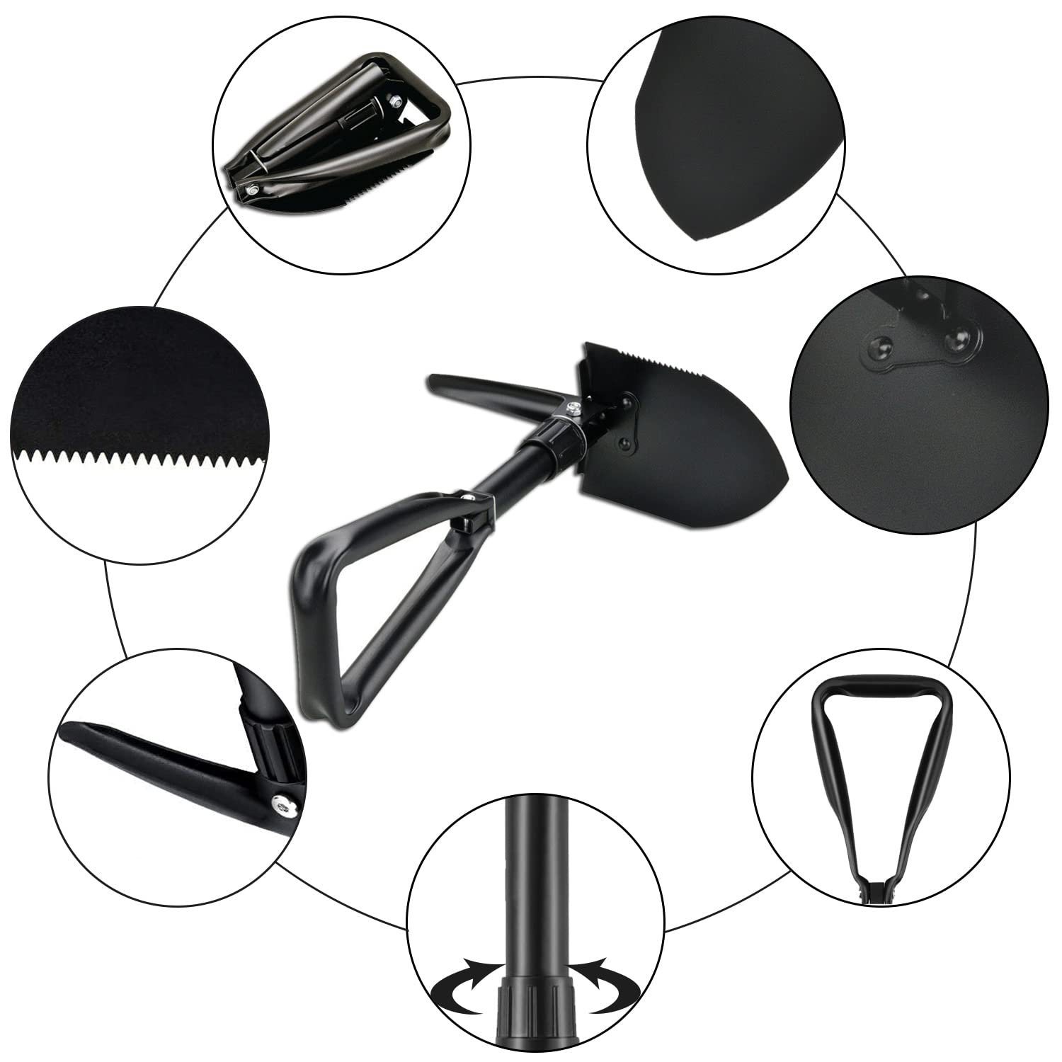 Pala Plegable, Negra pala de Camping Multifuncional, Pala Plegable Desmontable con Bolsa de Transporte