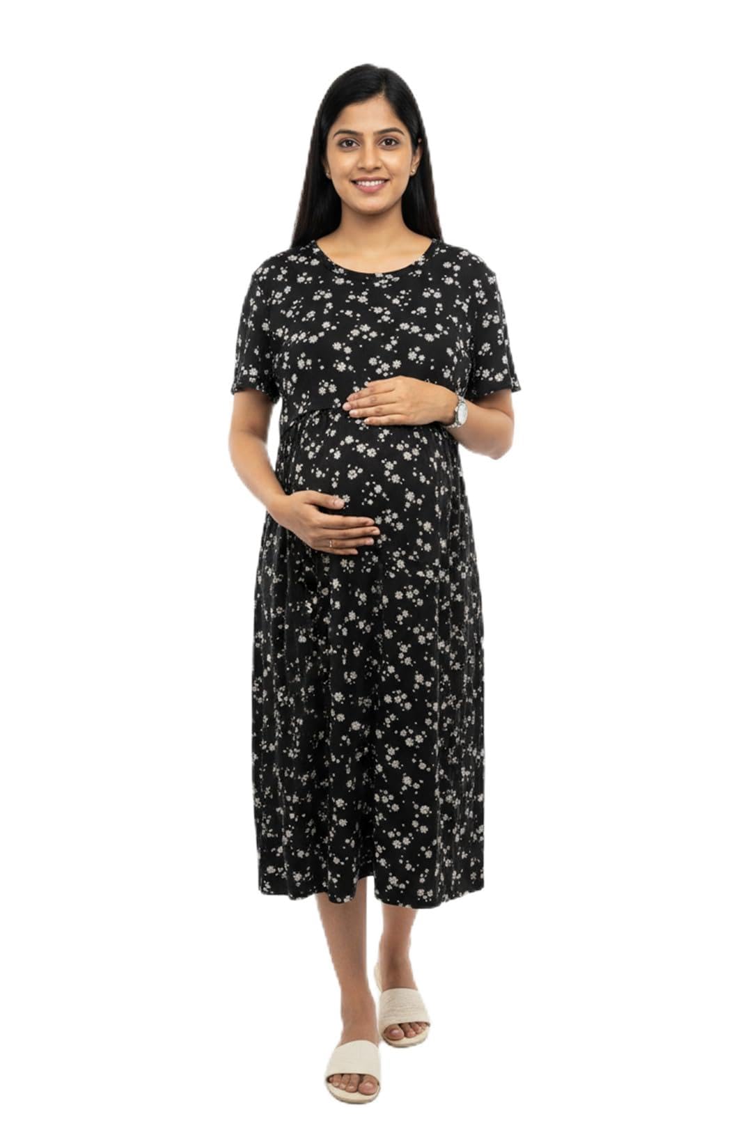 putchi Round Neck Cotton Short Sleeves Sun- Kissed Daisy ZIPLESS Feeding Gown - Daisy Black-picture-54