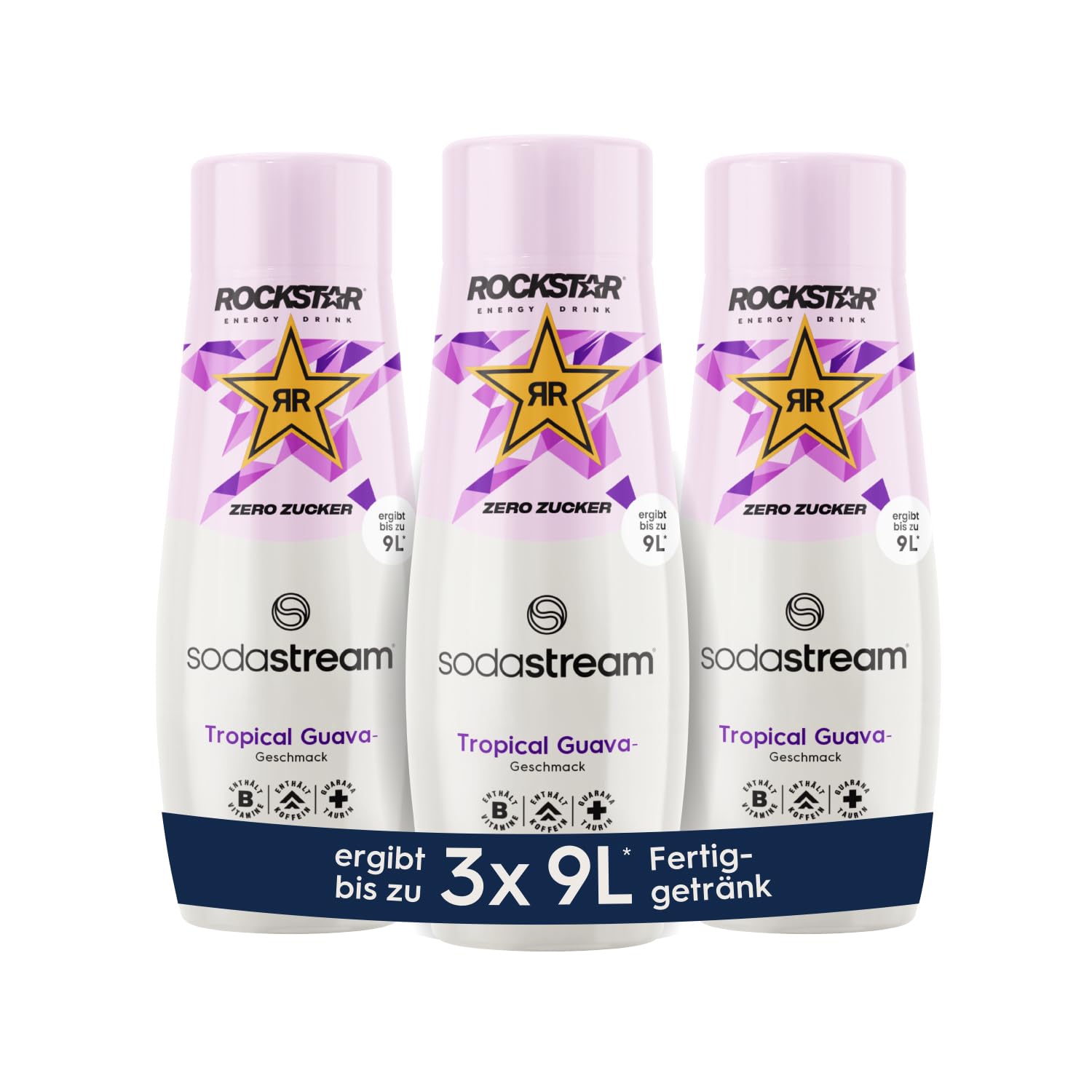 SodaStream Sirup 3x Rockstar Tropical Guava ohne Zucker, 1x Flasche ergibt 9 Liter Fertiggetränk, Sekundenschnell zubereitet und immer frisch, 3x 440 ml