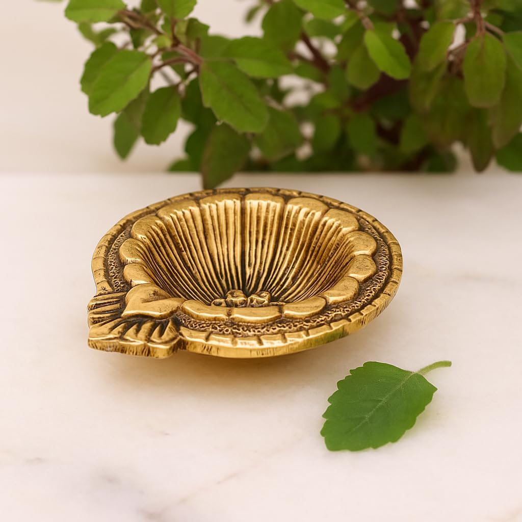 Indian Shelf Handmade Golden Pack of 2 Flower Engraved Diya Oil Lamp for Diwali Gift Decoration