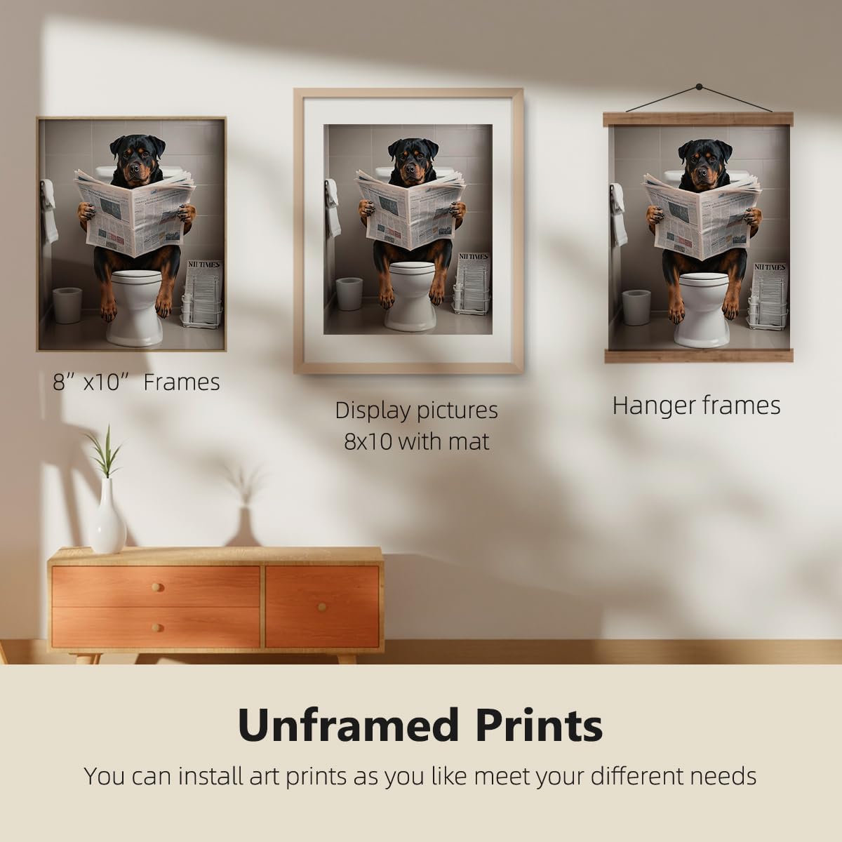 ETVISO Funny Rottweiler Bathroom Decor Set of 4, Cute Dog Reading Newspaper Print Wall Art Decorations, Humorous Toilet Decor for Washroom or Restroom (8x10 Unframed) - Image 4