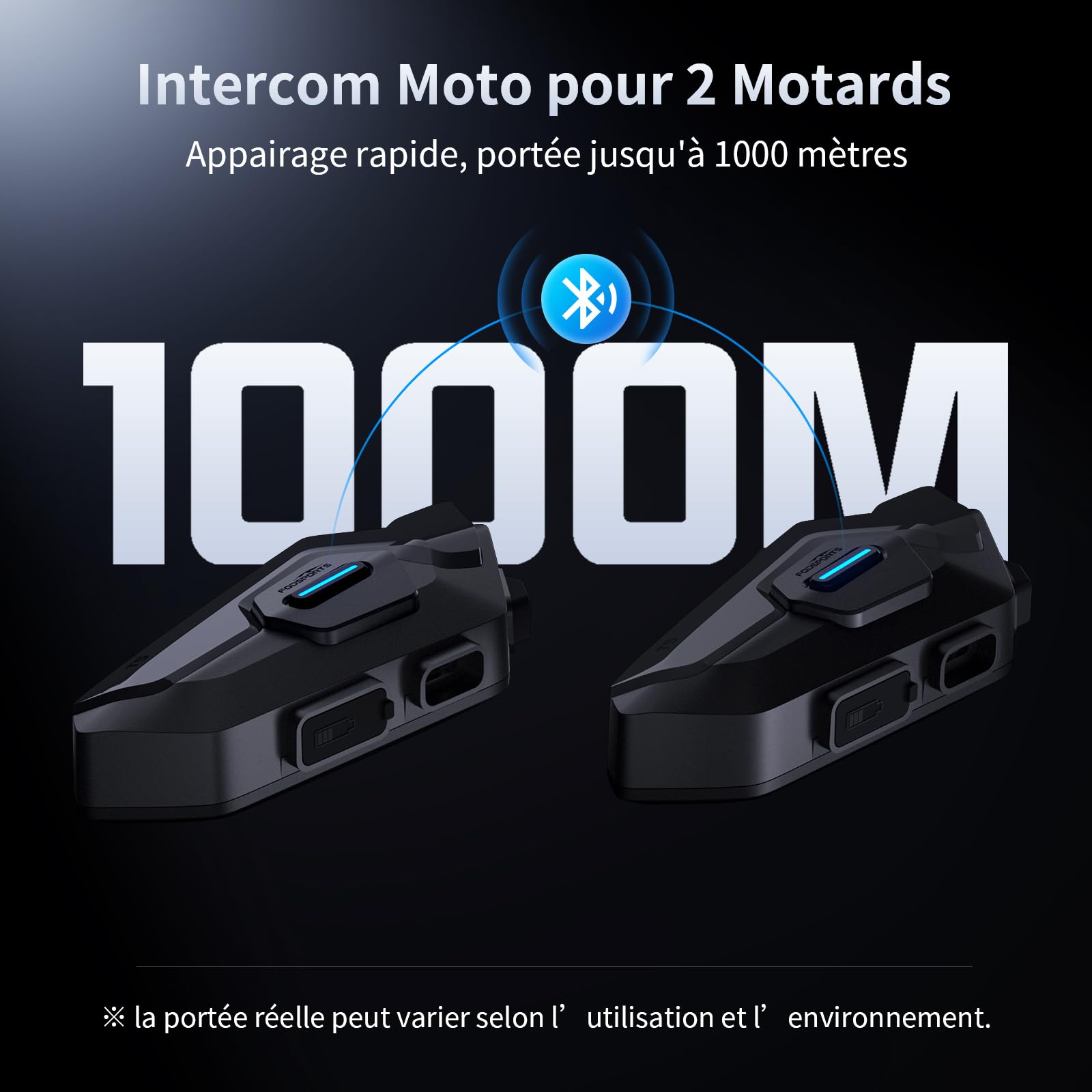 Fodsports T5 Intercom Moto Bluetooth 5.4 avec Assistant Vocal en 9 Langues, Système de Communication Moto avec Partage de Musique, Radio FM, Autonomie de 30 Heures, Étanche IP67, Mains Libres(2 Unité)