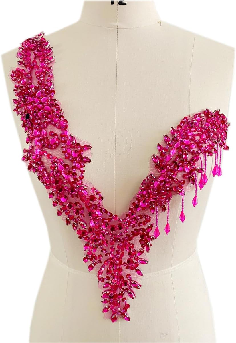 Unique Design handsewing Beads Applique sew on Rhinestones Crystal Sequins Tassel Patches Trimming for One-Shoulder Dress Shining Decoration Accessories 20X9.4 inches (Rose red)