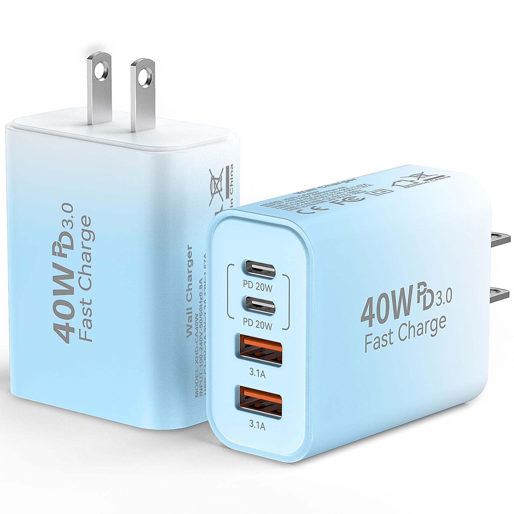USB C Wall Fast Charger Block, 40W 4-Port Type C Charger Fast Charging Blocks PD Power Charger Adapter+QC 3.0 USB Multiport Charger Brick for i-Phone 15/14/13/12 Pro Max, i-Pad, Galaxy S24/23/22-2Pack