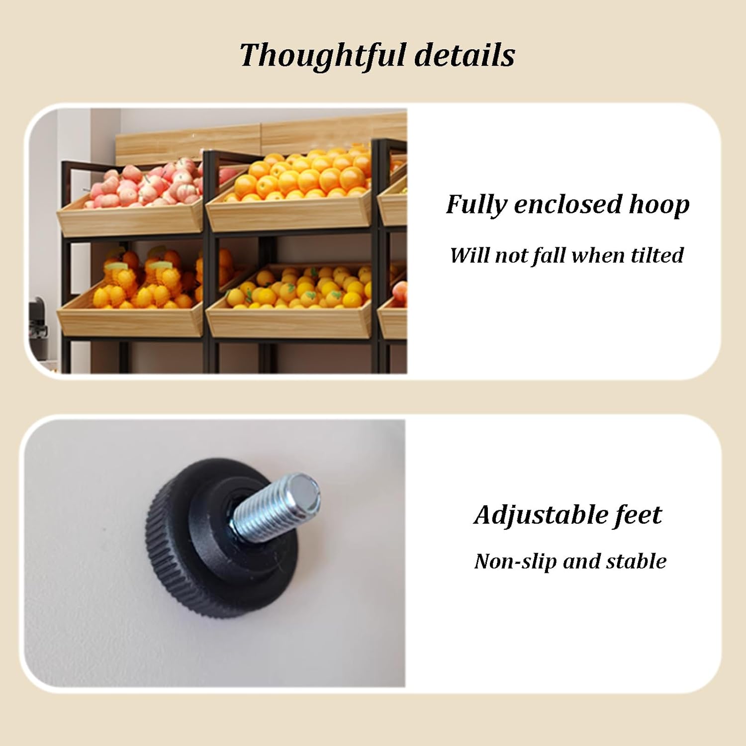 Retail Display Rack, Commercial Fruit Vegetable Stand Organizer, Wood Utility Shelf Organizer with Adjustable Anti-Slip Feet & Basket Angle for Store Kitchen Market(4-Layer)
