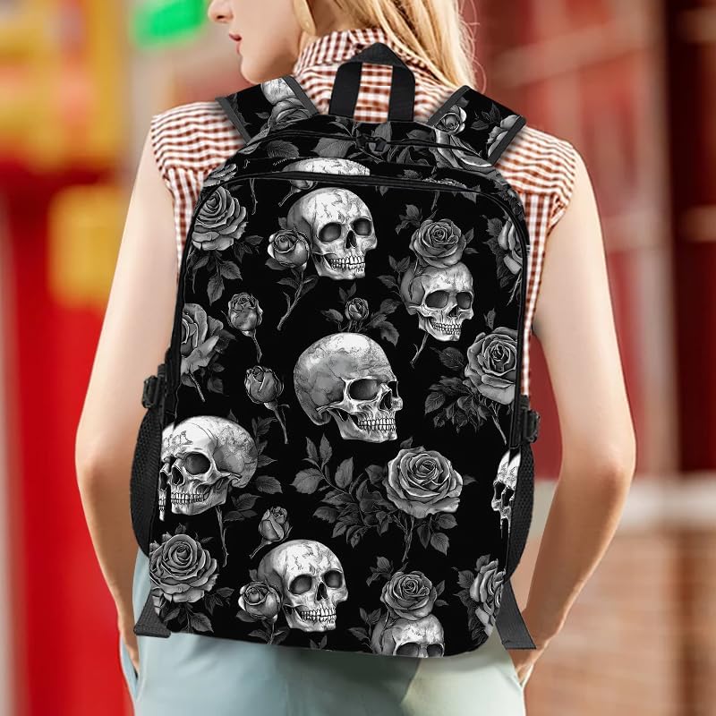 Gothic Skull & Rose Backpack With Adjustable Straps Multi-Functional Daypack For Laptop, Travel, Hiking & Daily Use