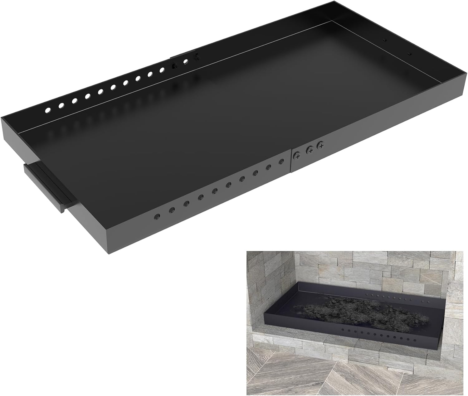 Rectangle Fireplace Tray Small Size,13" Front to Back Adjustable Ash Pan for Collecting Ash,Galvanized Steel with Powder Coated Ember Holder Fireplace Pan,Black
