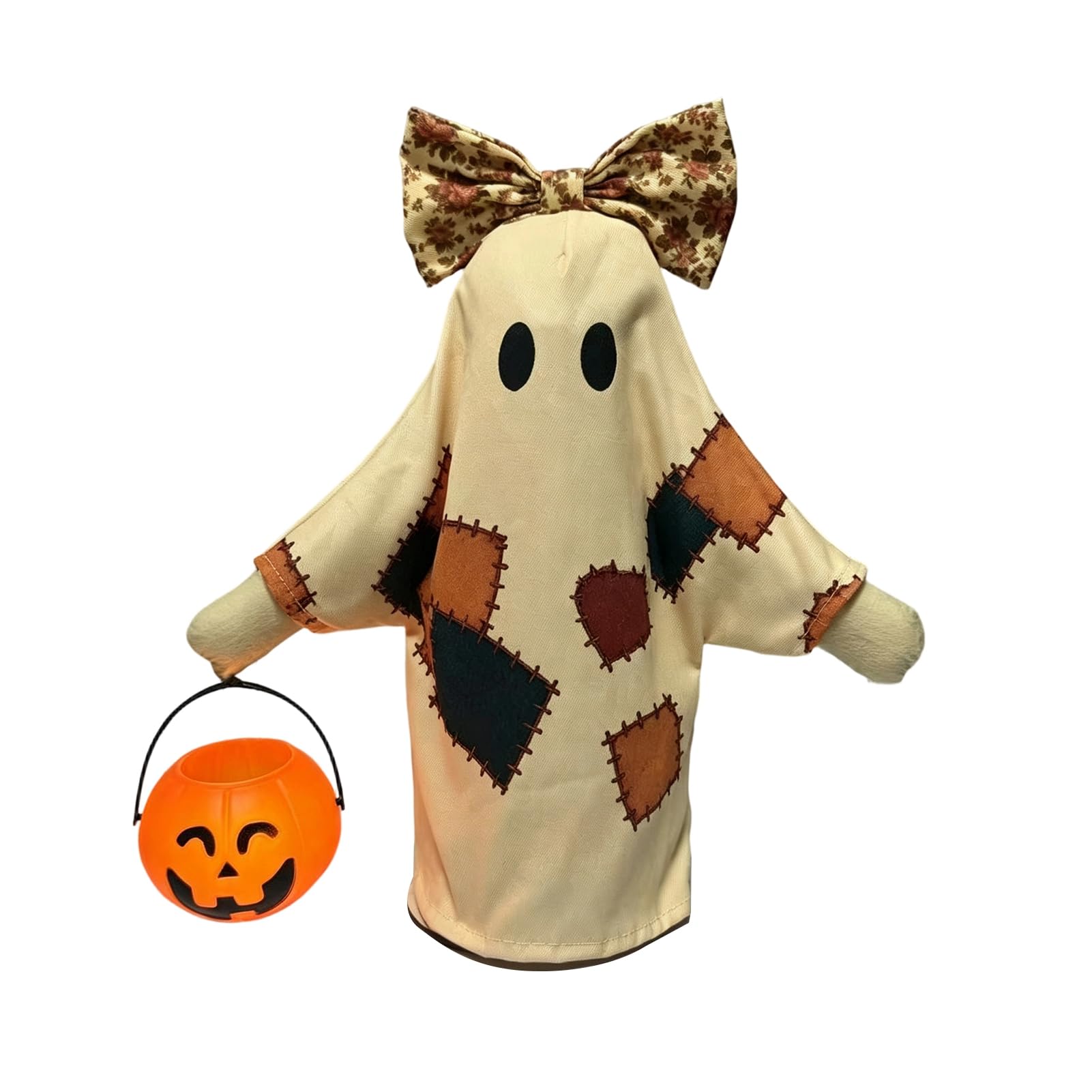 Virelynx Lighted Vintage Patchwork Ghost – Light Ghost with Pumpkin Lantern, Vintage Halloween Patchwork Ghosts Lamp Decor