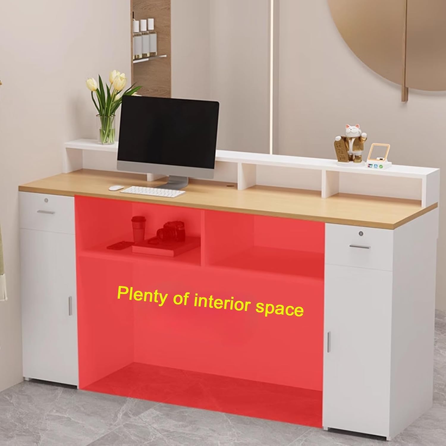 JKGHK Reception Desk, Front Counter Desk with LED Lights, Retail Checkout Counter with Lockable Drawers, Counter Table for Salon Reception Room Checkout Office(White A,31.4in/80cm)