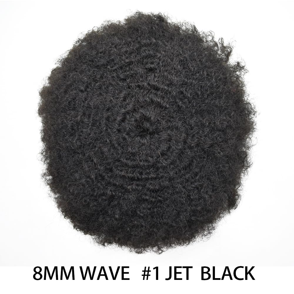 Afro Toupee For Black Men Hair Units Poly Skin Man Weave Hair Units African American Mens Toupee Human Hair Curly Hair Piece For Black Men PU 8x10Inch 1# JET BLACK-8MM Afro Wave