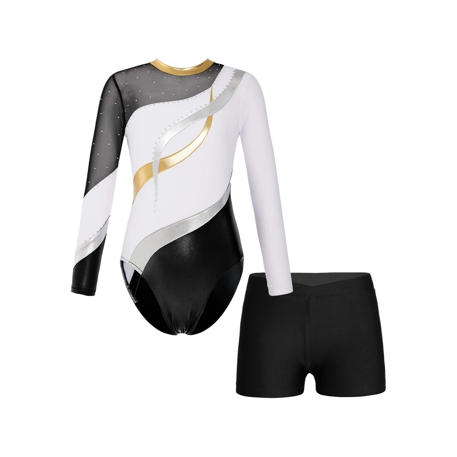 Maillot Gimnasia Ritmica NiñA Leotardo de gimnasia de manga larga con diamantes de imitación brillantes for niños y niñas, conjuntos de Ropa de baile for competición de baile, mono de patinaje(White,8