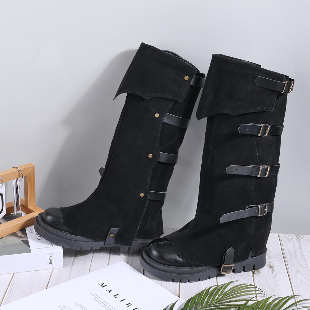 GORGECRAFT 2pz Fundas Medievales para Botas Protectores de Piernas de Piel Sintética de Terciopelo con Correas de Hebilla Botas Piratas Renacentistas Negras Calentadores para Halloween Cosplay
