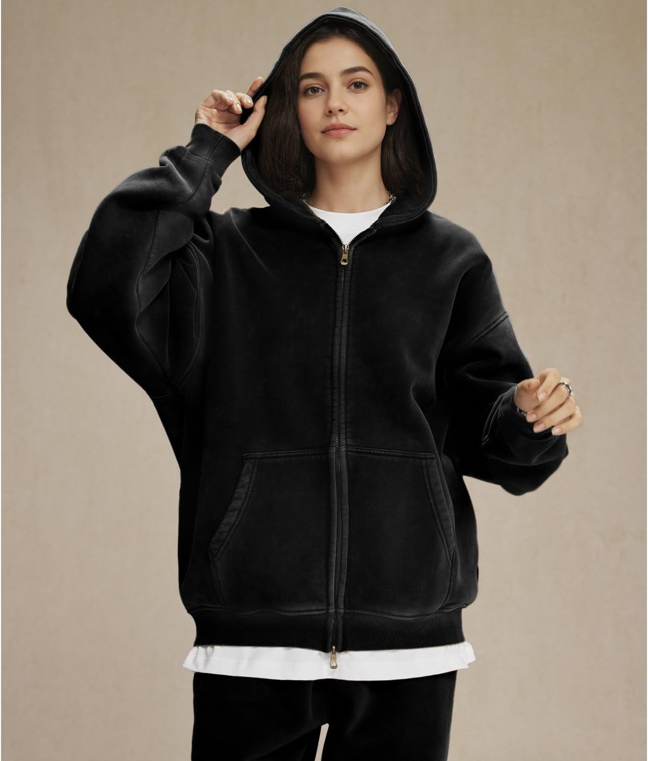 Womens Double Zip Up Hoodies Oversized Heavyweight Fleece Sweatshirt Acid Wash Hoodie Vintage Distress Cotton Jacket - Image 3