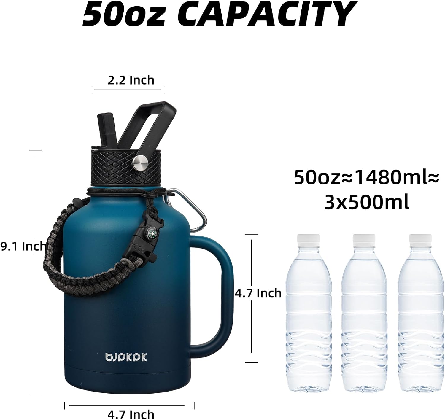 BJPKPK Large Insulated Water Bottles with Straw Lid & Handle, 50oz Water Bottle with 3 Lids and Paracord Strap, Stainless Steel Metal Water Bottle, Insulated Water Jug, Vast - Image 5