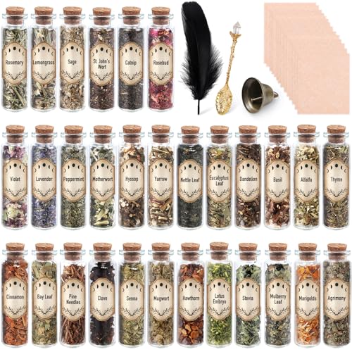 30 Pack Witchcraft Supplies Herbs Dried Herbs and Flowers Bottles Kit for Witch Beginner Wiccan Wicca Altar Supplies Magic Spell Candle and Soap Making with Witchy Spoon Bell and More