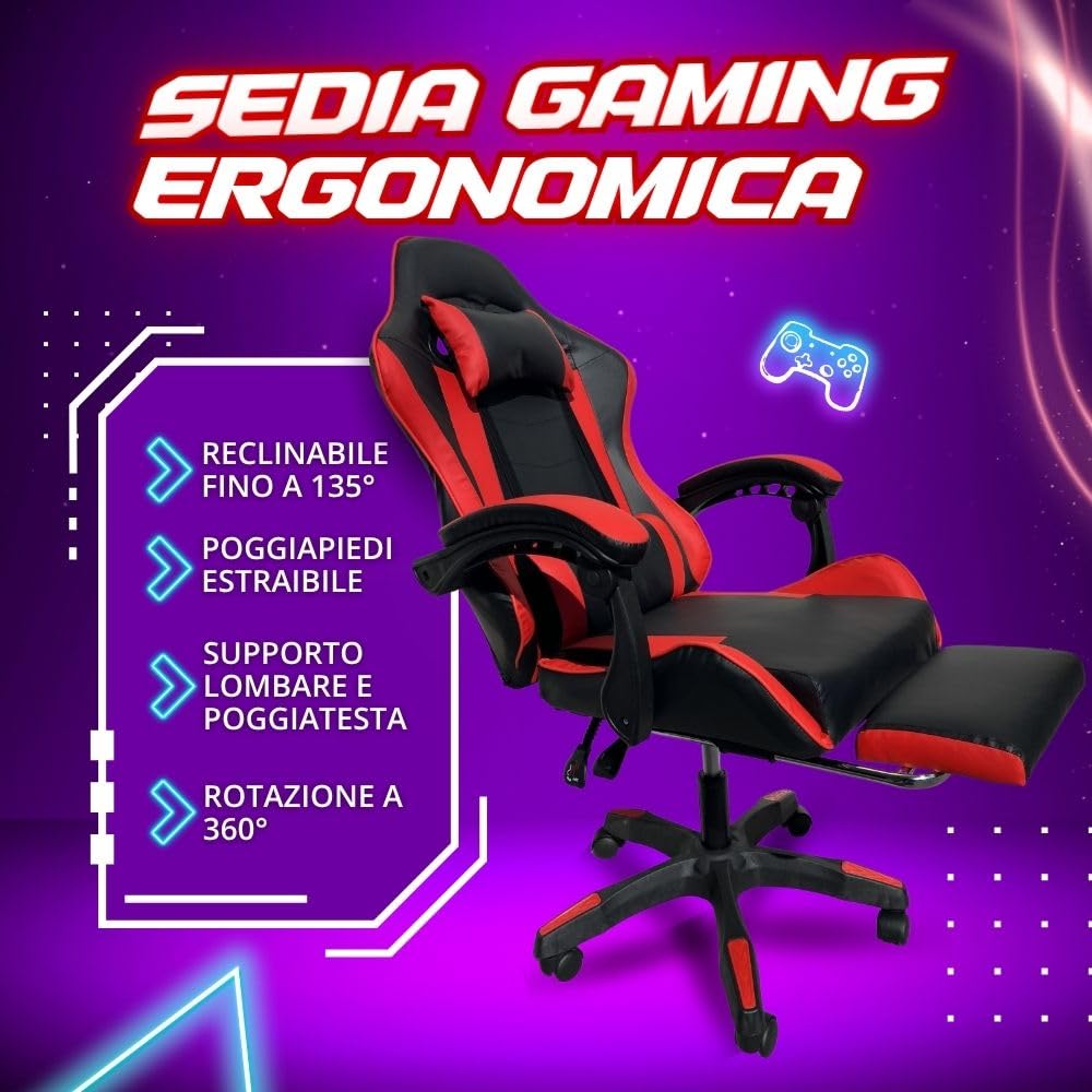 Sedia Gaming Ergonomica Reclinabile fino a 135°, con Poggiapiedi, Supporto Lombare e Poggiatesta, Rotazione 360°, Pistone a Gas, Pelle Sintetica Nera – Sedia Gaming Rosso/Nera