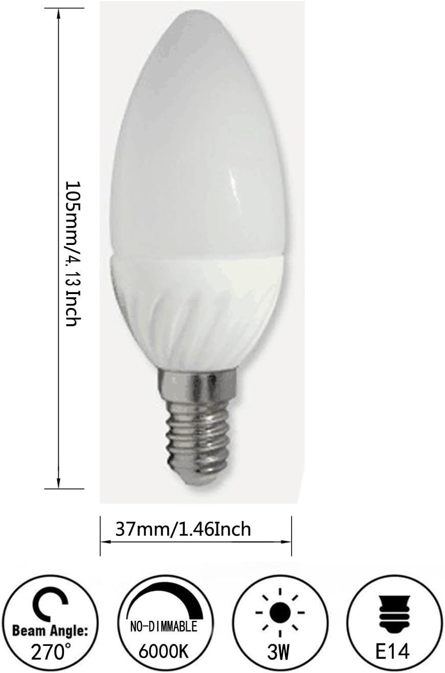 3W LED Candelabra Ceramic Light Bulbs (4 Pack) E14 Base LED Light 3W (30W Incandescent Light Bulbs) Non-Dimmable 6000K Cool White for Chandelier,Decorative Bulb,AC85-265V