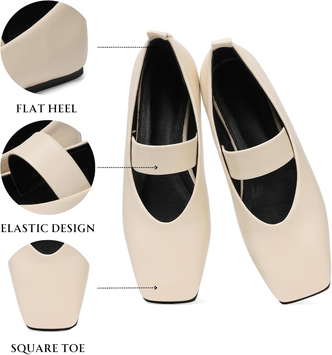 Uacllcau Ballet Flats Shoes for Women Square Toe Mary Jane Shoes Flat Women Comfortable Dressy Casual Slip On Ballerina Mesh Flats with Elastic Strap Beige - Image 4