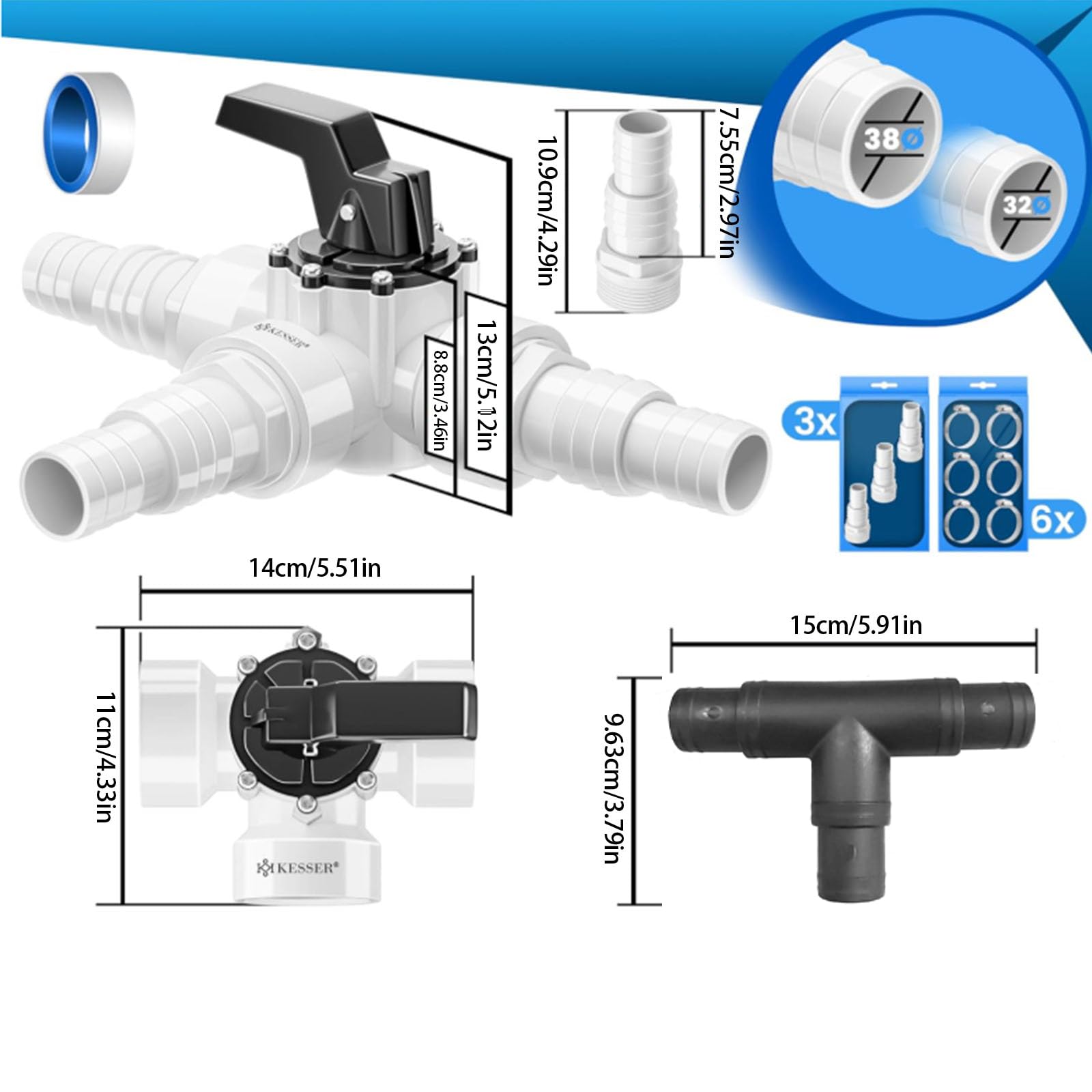 Juego de adaptadores de válvulas de derivación para piscinas ABS con conexión de 3 vías y abrazaderas de manguera para sistemas de filtración Flujos de agua eficientes Sistemas de válvulas para de