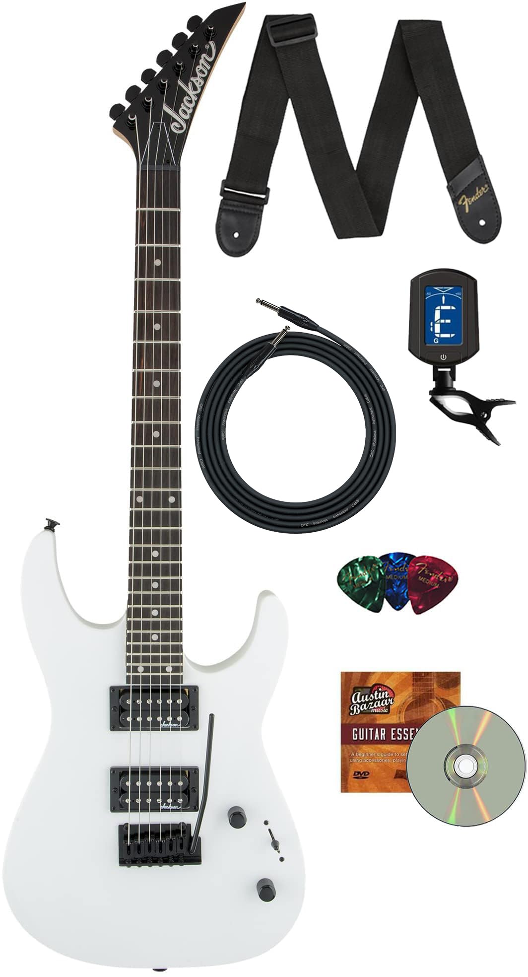 Jackson JS Series Dinky JS12 Electric Guitar - Snow White Bundle with Cable, Tuner, Strap, Picks, and Austin Bazaar Instructional DVD