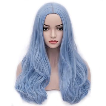 BERON 24?��?�� Long Wavy Wig Center Parted Full Synthetic Wigs Wig Cap Included (Sky Blue)