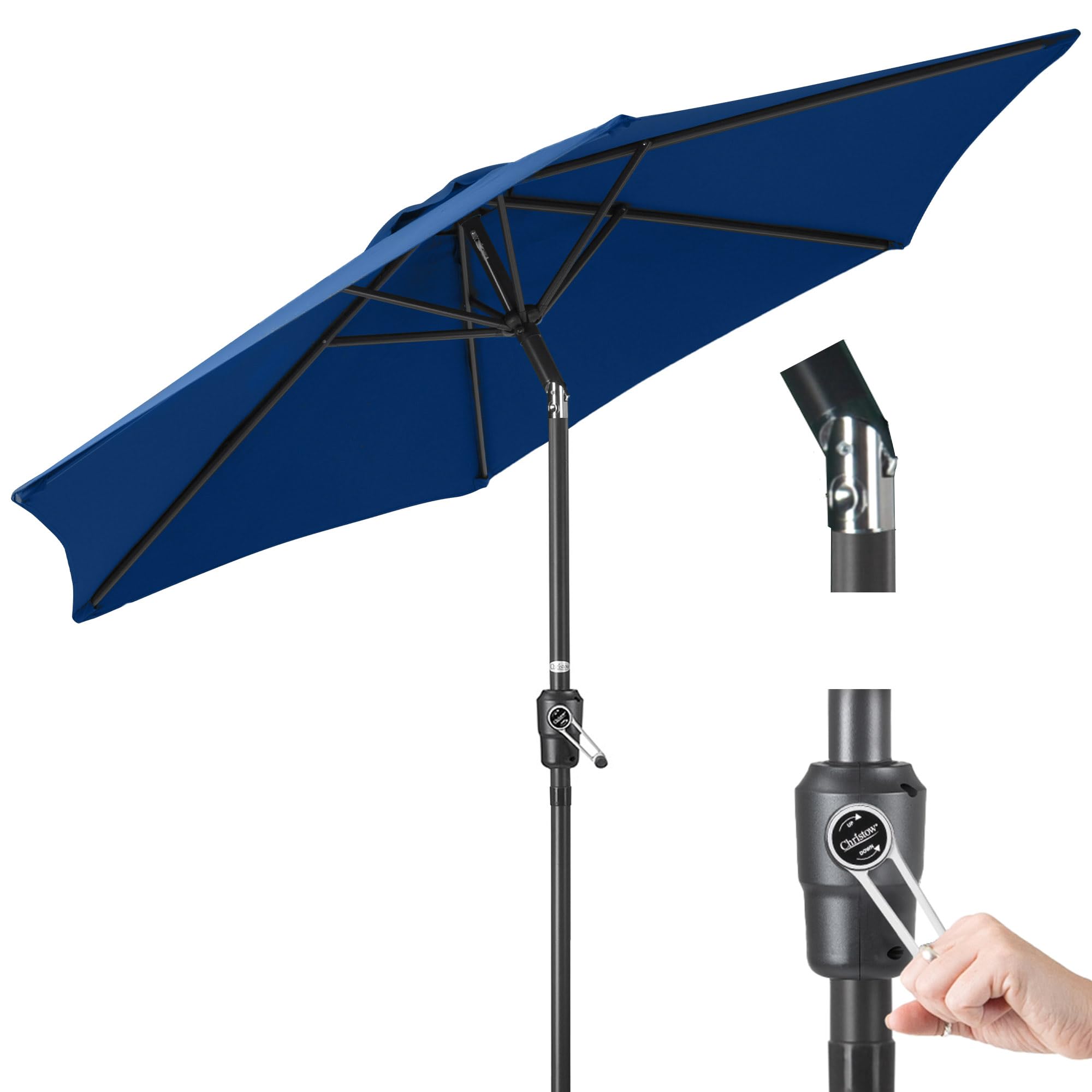 Christow Navy Tilting Garden Parasol, Aluminium Pole, 2.4M, Blue