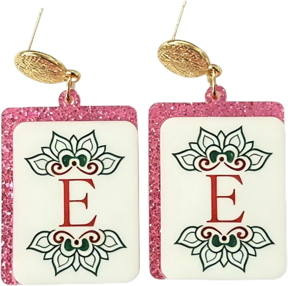 Funny Mahjong Acrylic Dangle Earrings, Pink Glitter Square Statement Jewelry with Cartoon Tile Prints, Lightweight Retro Game Night Accessories, Kawaii Funky Mahjong Inspired Earrings for Parties Festivals Cosplay Birthday Gifts Trendy Fashion Style