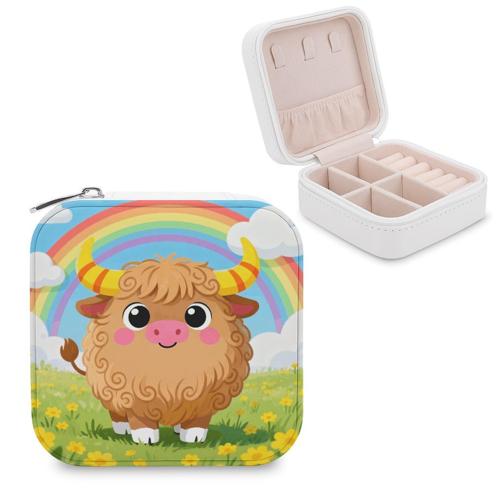 FekiLoot Highland Cow Jewelry Box Exquisite Jewelry Organizer Silver Gold Trinket Storage Case Multi Compartments Cute Earrings Ring Necklace Holder For Woman Household Gift