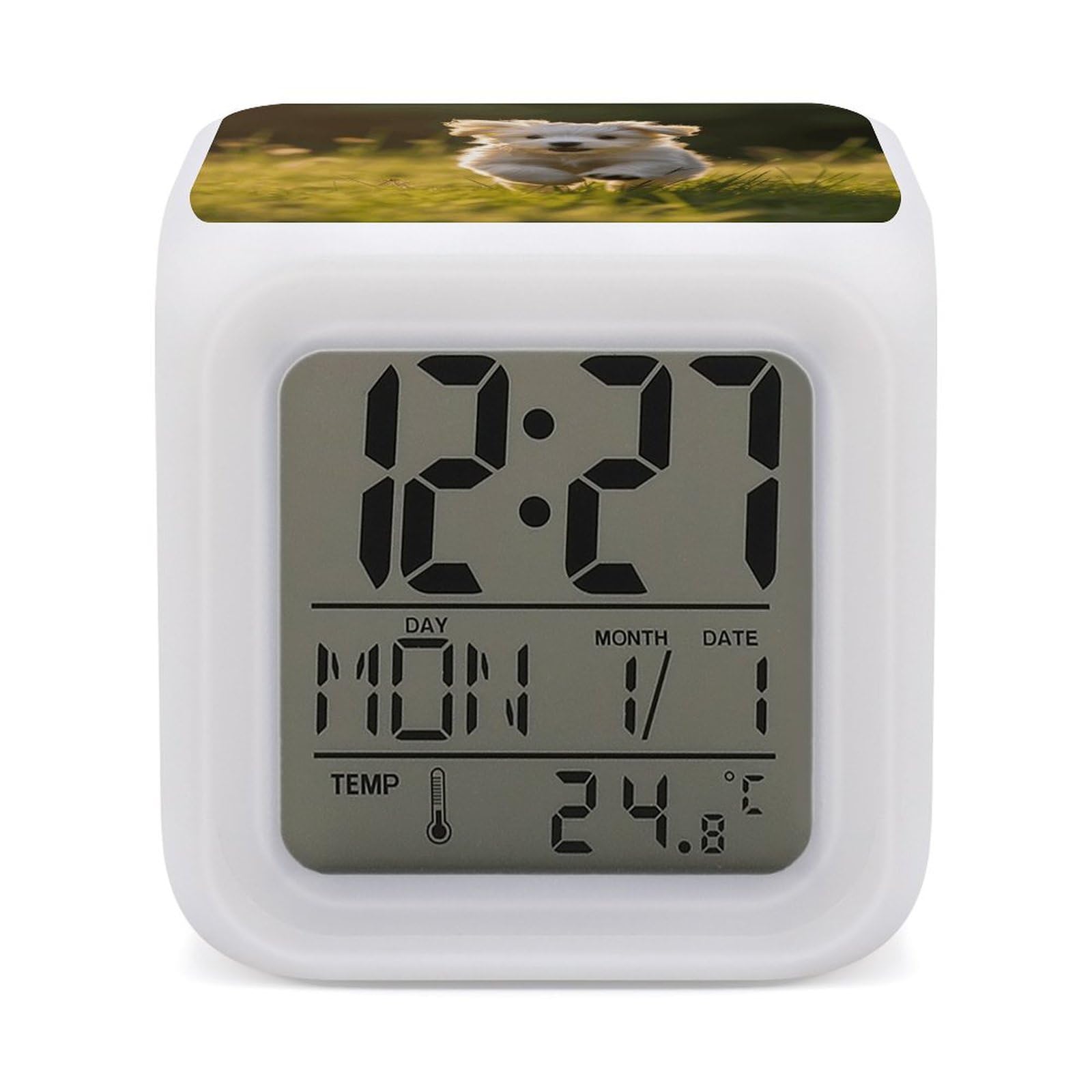 JTREHY 7 Color Changing LED Digital Alarm Clock,Puppy Crossing The Grass Printed Wake-up Clock with Temperature Display Home Decoration Alarm Clock for Bedroom Office