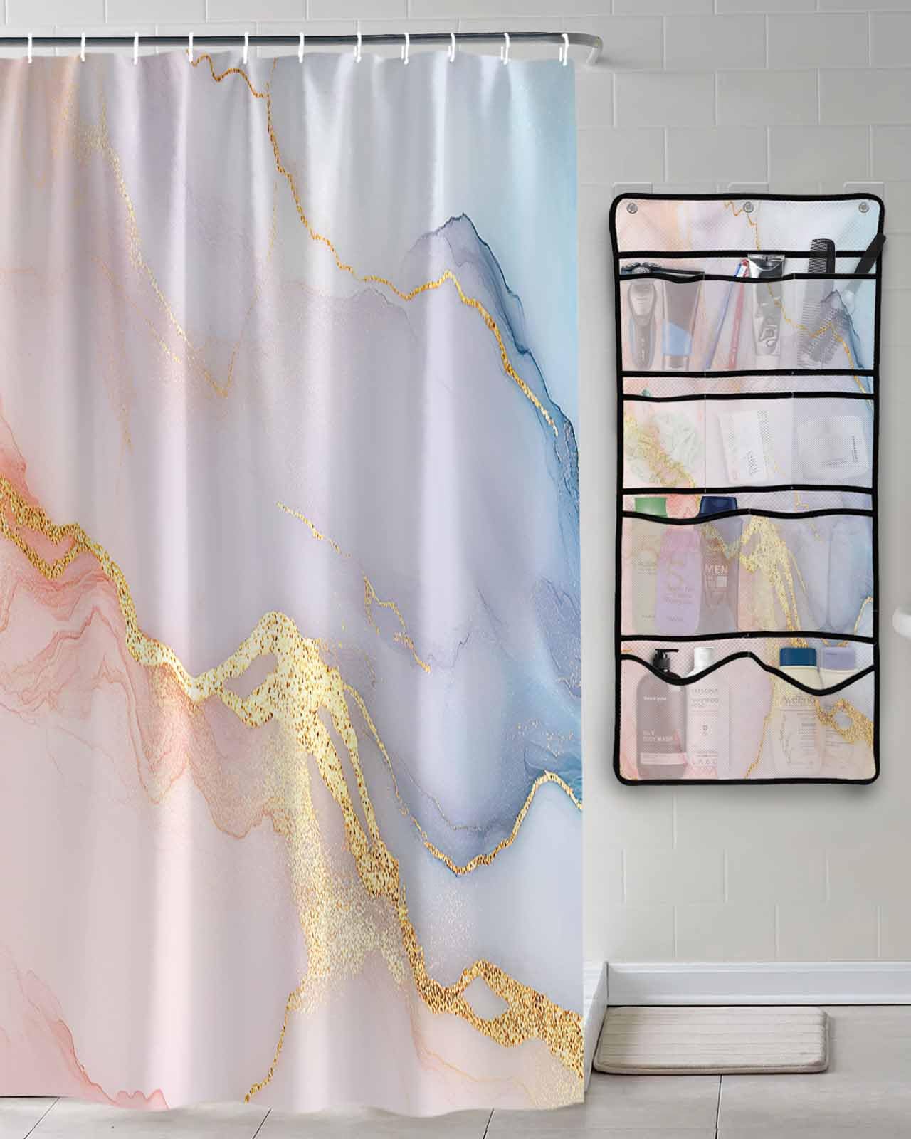 Decorative Shower Curtain Sets Ombre Pink Blue Polyester Fabric Waterproof Bath Shower Curtains Abstract Marble Geometric Texture Mesh