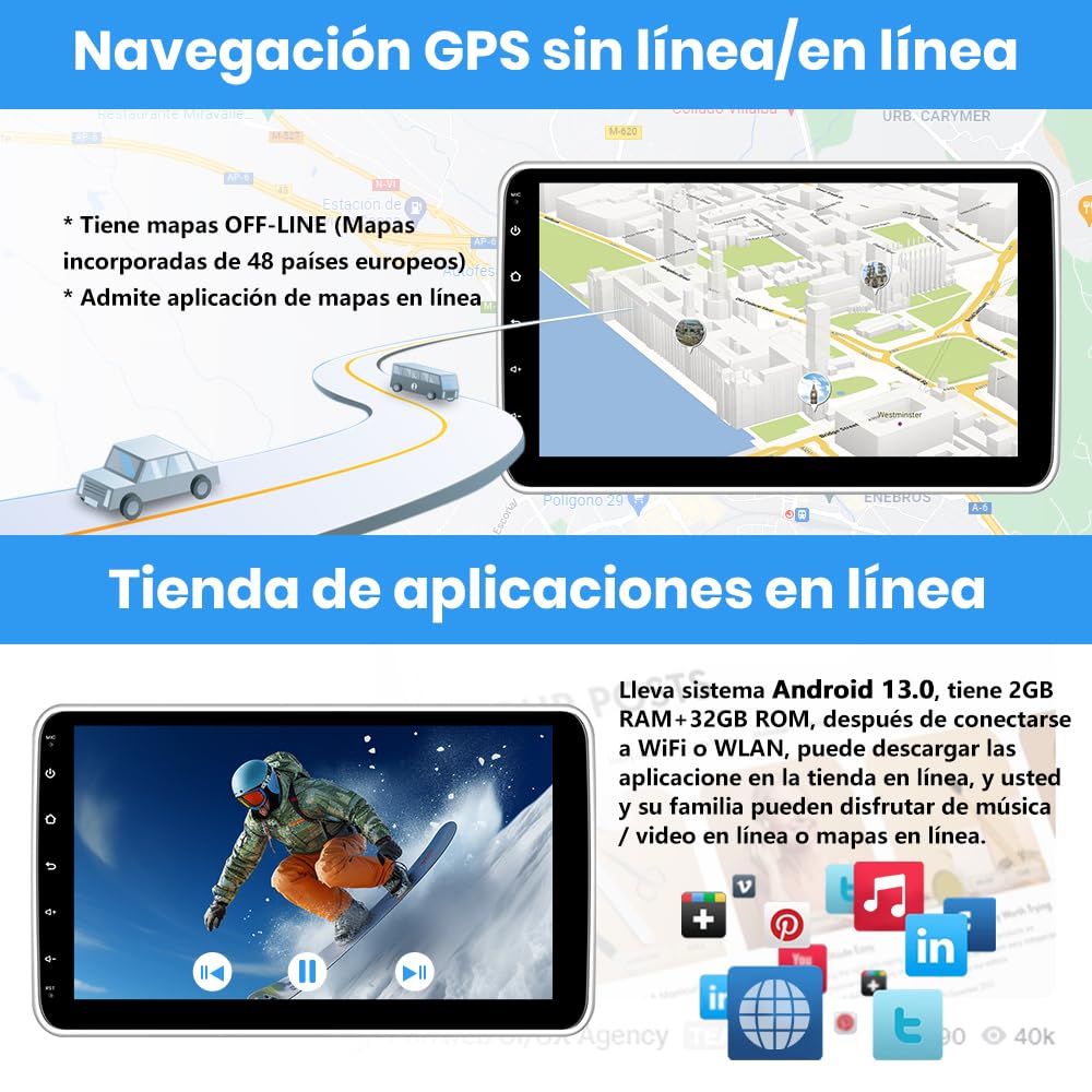 AWESAFE Android 13.0 [2GB+32GB] Radio de Coche 1 DIN Universal con Pantalla Táctil Giratoria de 10.1 Pulgadas, con Carplay/AndroidAuto/Mandos de Volantes/WiFi/GPS/Bluetooth/DSP/RDS/USB/FM/MirrorLink