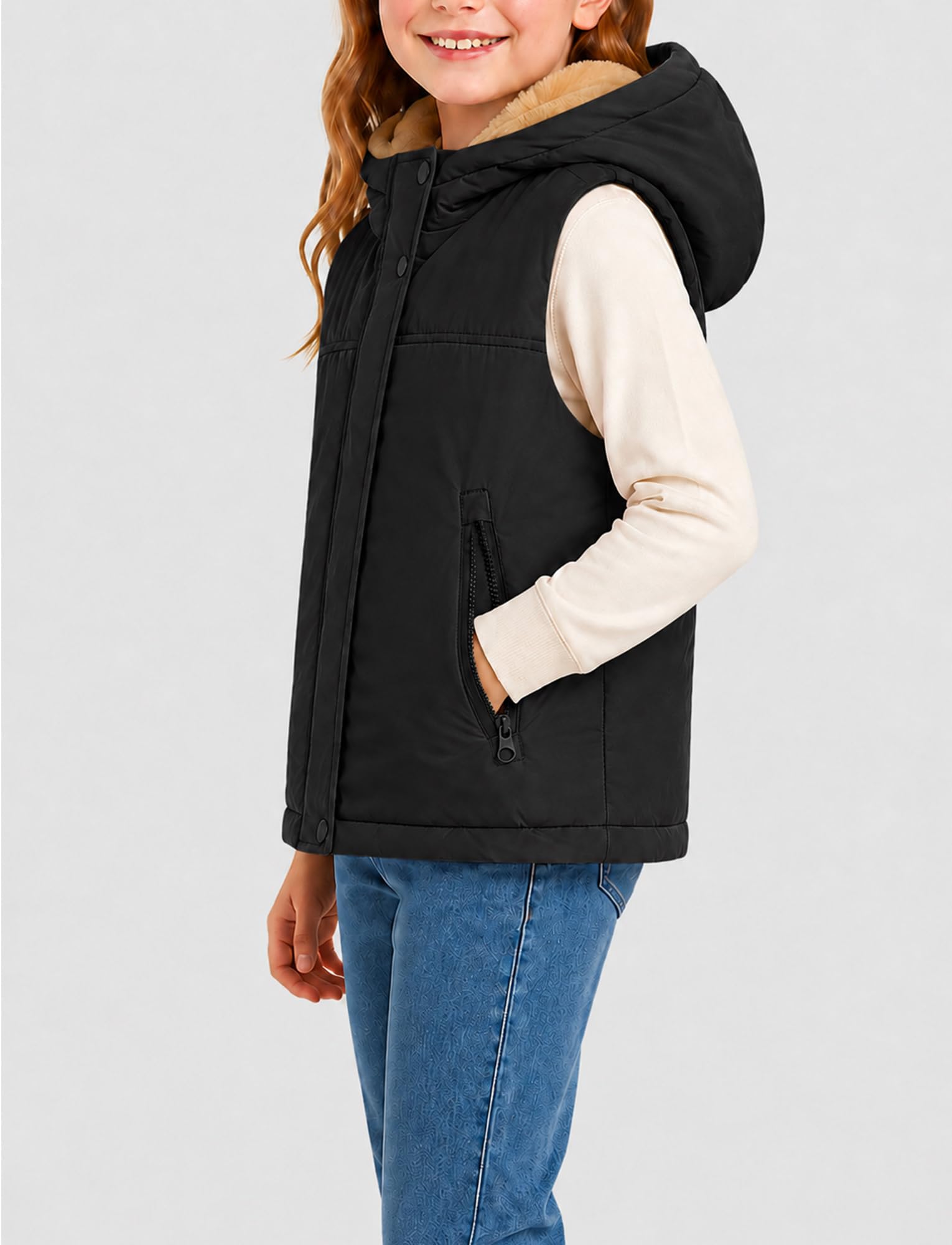 Gilet trapuntato per bambini e bambine, invernale, caldo, foderato in pile, giacca softshell con cappuccio, chiusura lampo, cappotto invernale antivento, senza maniche