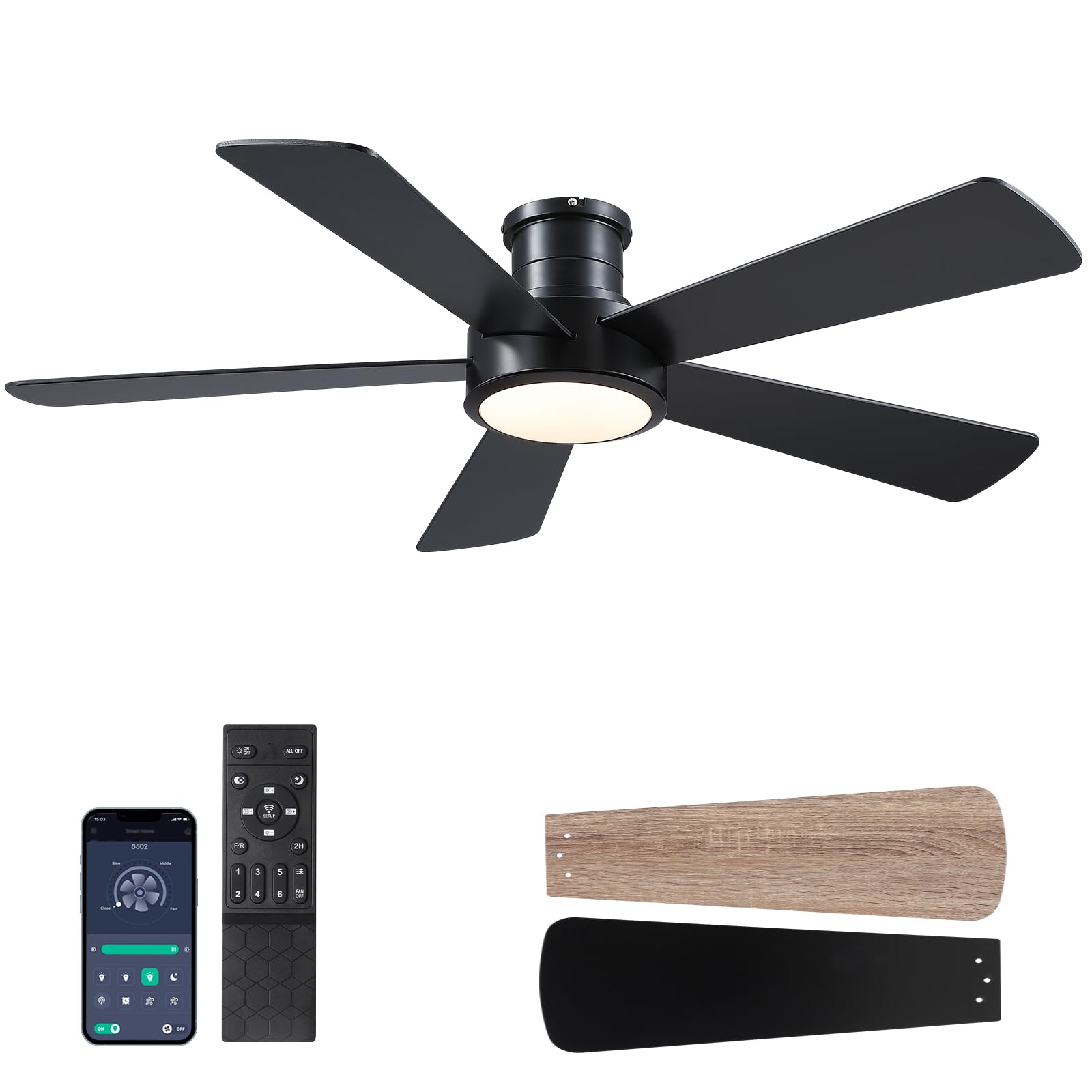 Dannilong 52 inch Modern Low Profile Ceiling Fans with Lights Remote/APP Control,Reversible Ceiling Fans Flush Mount 6 Speeds Ceiling fan Light fo Livingroom Kitchen Black