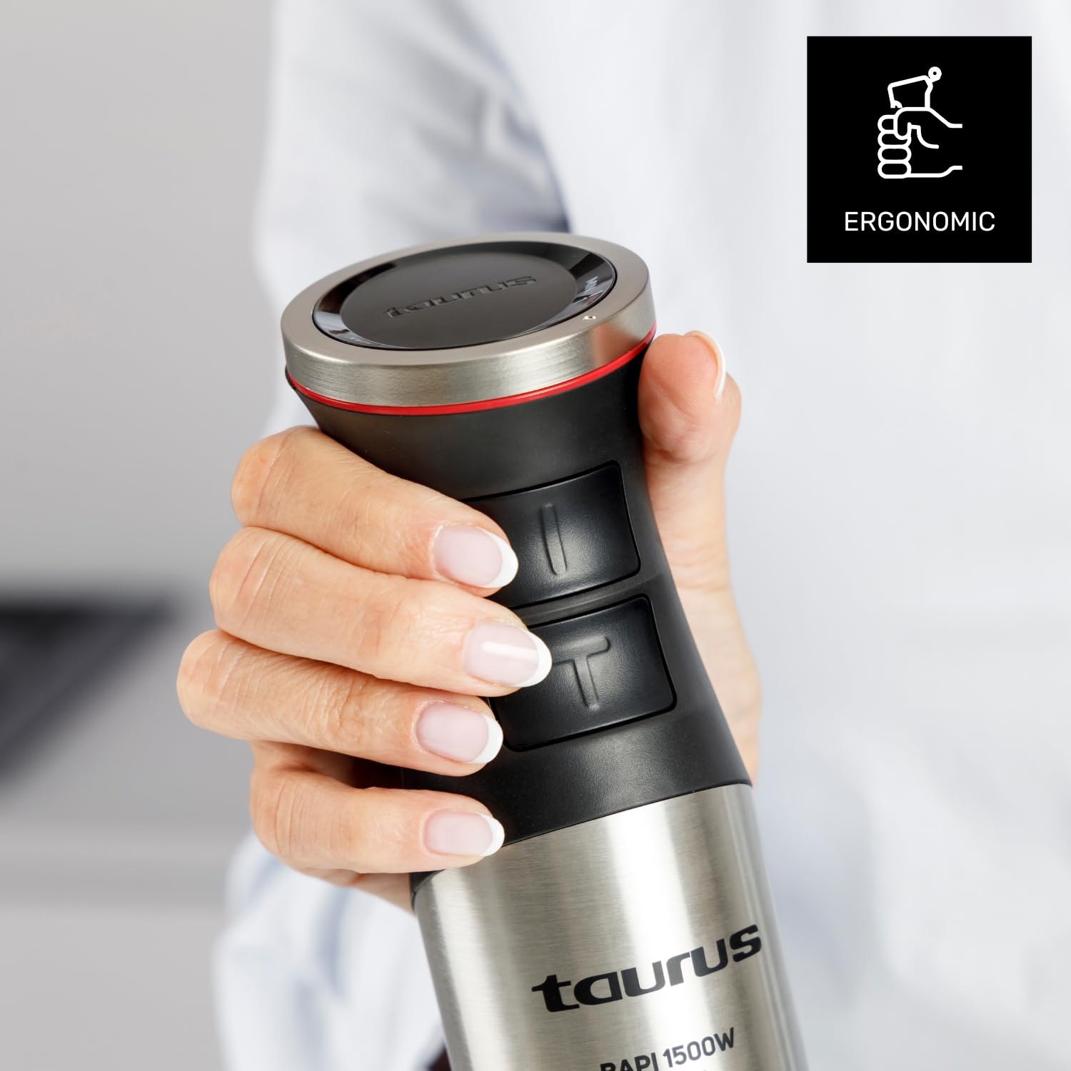 Taurus blender ręczny 1500 W, 20 stopni prędkości + Turbo, ostrza ze stali nierdzewnej, zegary zapobiegające rozpryskiwaniu, ergonomiczny, nie zawiera BPA, nadaje się do mycia w zmywarce, kruszarka do
